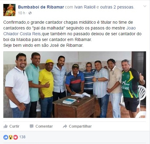 Contratação de Chagas do confirmada no perfil do Boi de São José de Ribamar no Facebook