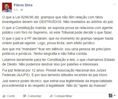 Flávio Dino foi duramente pro criticado por internautas ao posta no Facebook o comentário acima