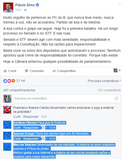 Bombardeio a Flávio Dino nas redes sociais tem sido impiedoso após aprovação do impeachment na Câmara Federal