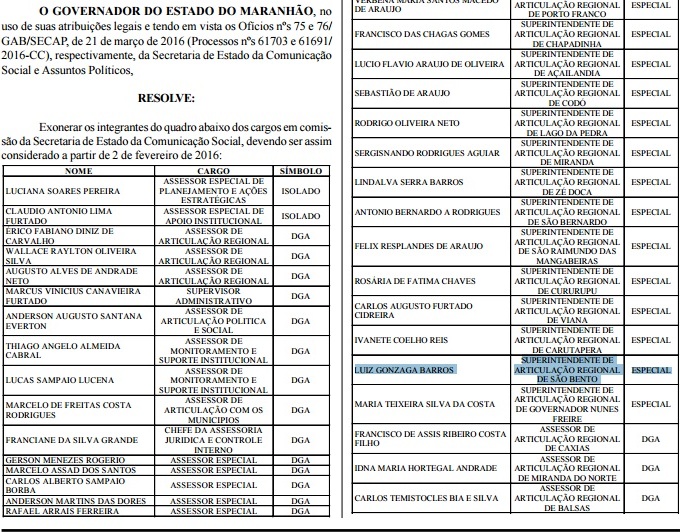 O agora ex-superintendente de articulação regional de São Bento, cujo nome está grifado de azul, havia sido nomeado semana passada 