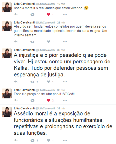 Em postagens no Twitter, promotora afirma estar submetida a humilhações repetitivas e prolongadas