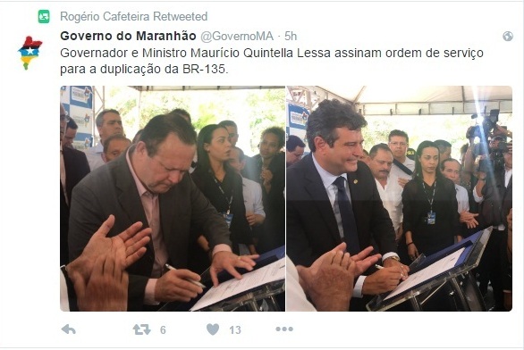 Governo divulgou, em seu Twitter oficial, foto de Brandão assinando ordem de serviço, mas omitiu que o vice de Flávio Dino foi mera testemunha do ato 