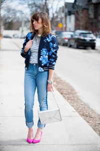 Toronto-Street-Style-Fashion-Gap-Blue-Flower-Bomber-Pink-Pointed-Pumps